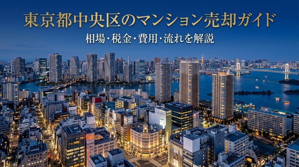東京都中央区のマンション売却を2026年最新データで徹底解説。築年数別・エリア別の売却相場（平均約1億433万円・㎡単価228万円）、築地再開発・晴海フラッグの地価影響、譲渡所得税・3,000万円特別控除の計算例、仲介手数料・費用一覧、売却7ステップの流れまで網羅。地域密着のグローバルホームが無料査定受付中。