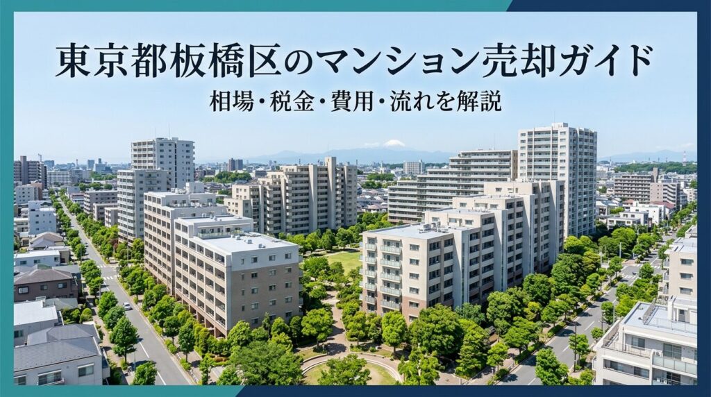 板橋区のマンション売却を2026年最新データで徹底解説。築年数別・エリア別の売却相場（平均4,680万円・㎡単価72.8万円）、大山駅・上板橋駅の再開発動向、譲渡所得税・3,000万円特別控除の計算例、仲介手数料・費用一覧、売却7ステップの流れまで網羅。地域密着のグローバルホームが無料査定受付中。