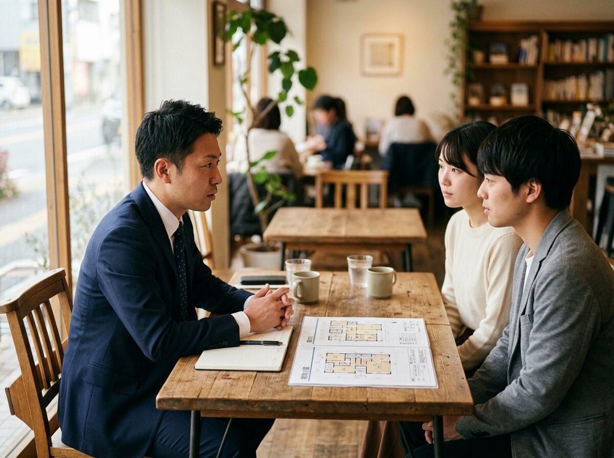 カフェのような空間で担当者がカップルの話を傾聴しているシーン