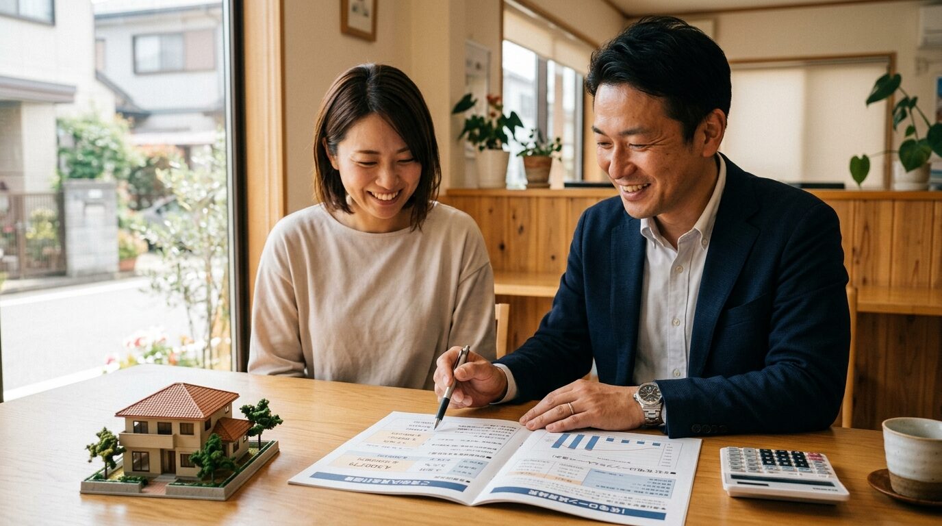 担当者とお客様が並んで資金計画書を見ながら穏やかに話す様子