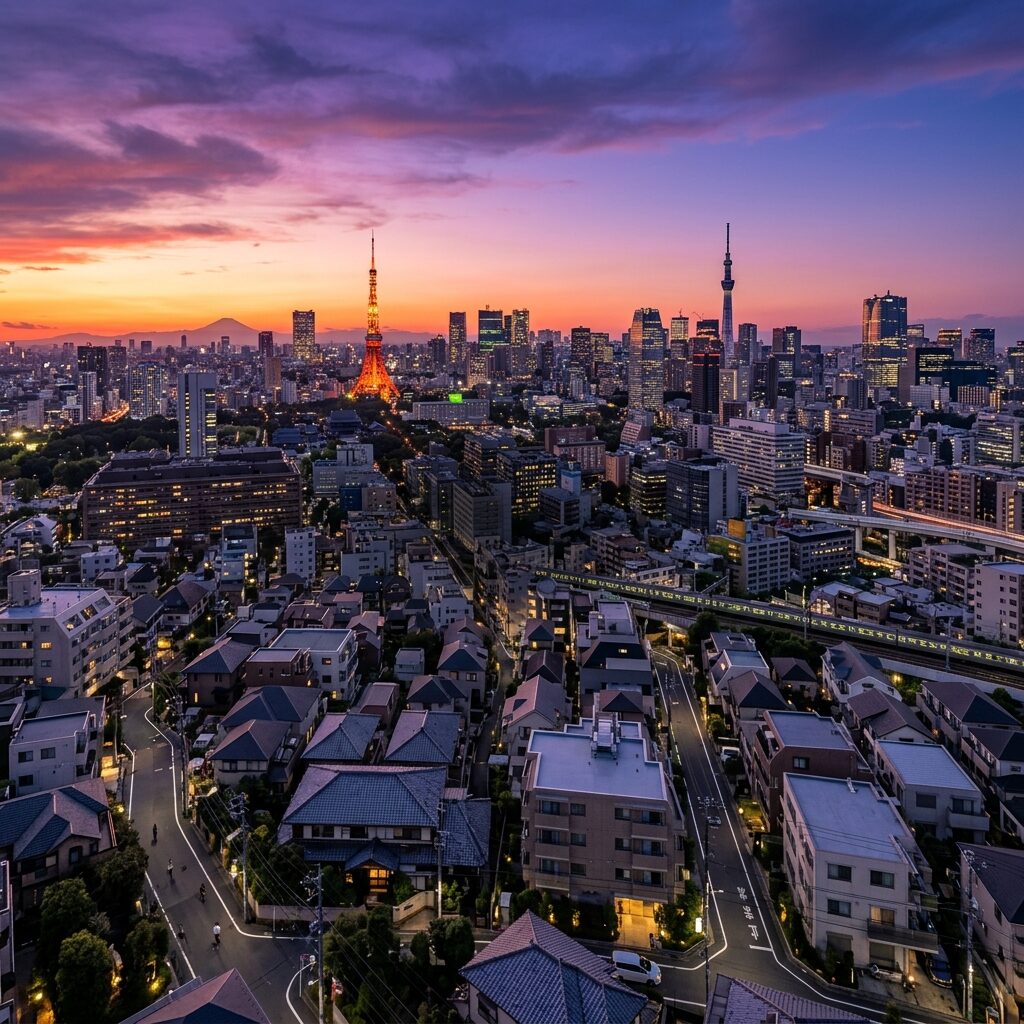 夕暮れの東京の街並み — 美しいスカイラインと灯り始める住宅街