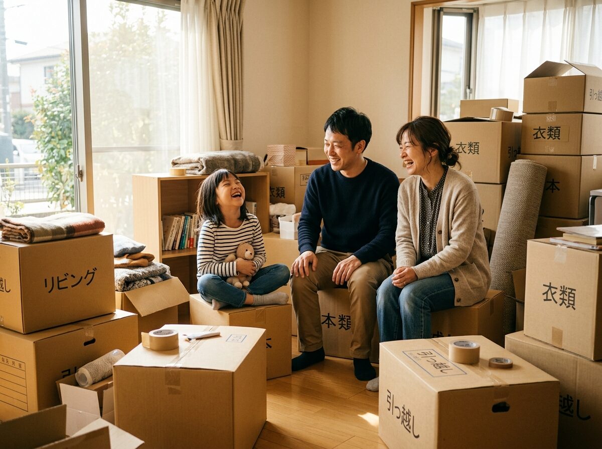 引っ越し直後、ダンボールに囲まれたリビングで笑い合う家族
