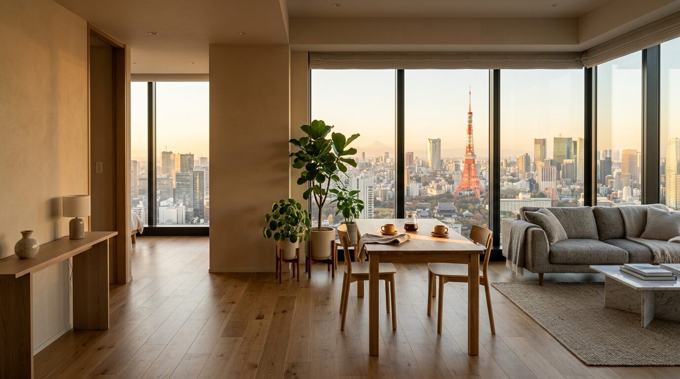 東京のスカイラインが見えるモダンなリビングルーム — 朝の光が差し込む理想の暮らし