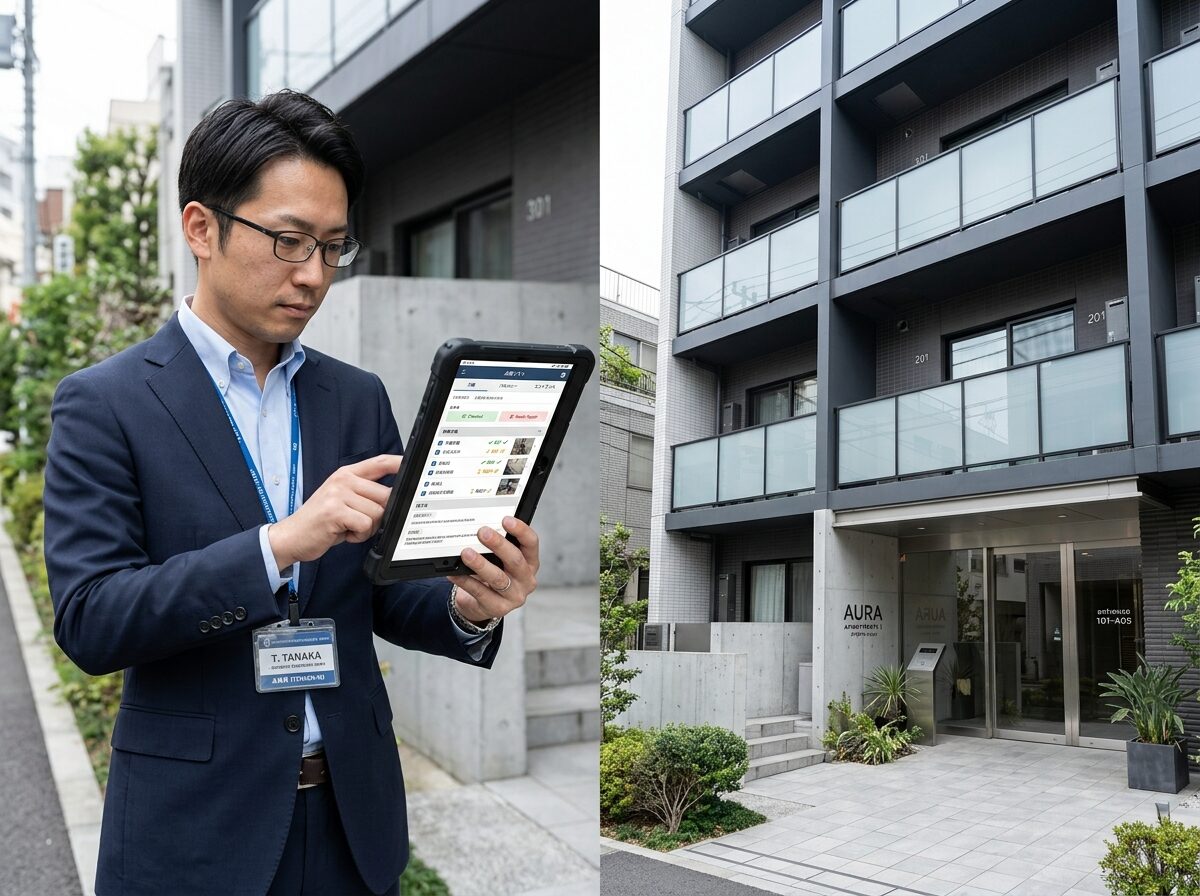 タブレットを持ちマンション外観をチェックする専門家