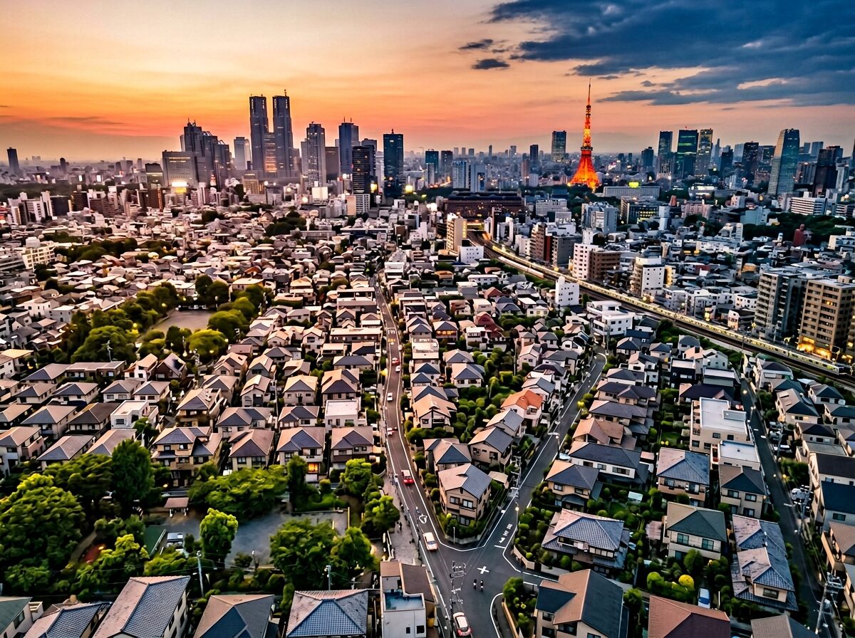 板橋区の住宅街と東京スカイラインが共存する夕景