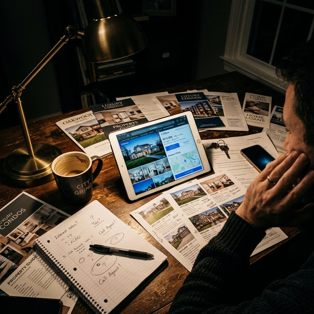 夜のデスクで不動産情報を調べる様子